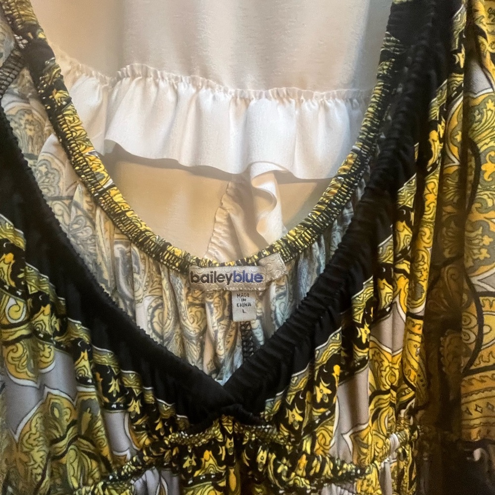 Black, gold and gray pattern dress.